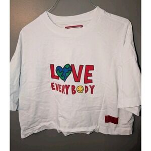 CHNGE Brand Women's Cropped White SS T-shirt Love Everybody Size XL Flower